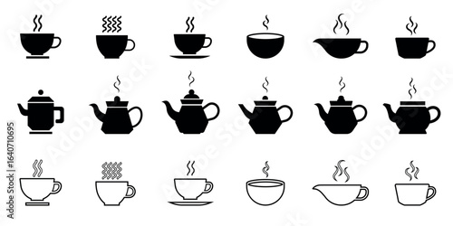 Minimalist teacup and teapot icon collection isolated on transparent background