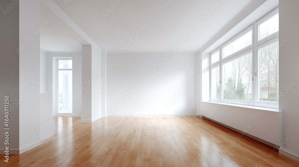 Fototapeta premium Bright and Spacious Empty Room with Hardwood Floors and Large Windows in Modern Apartment