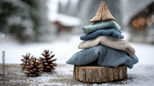 Rustic fabric Christmas tree with wooden base and pinecones on snowy wooden table