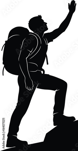 Reaching the Summit: Hiker Silhouette on Rock with Arm Raised