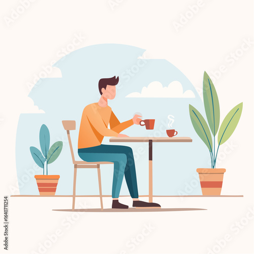 Man Enjoying Coffee Break Vector Flat Minimalist Style