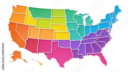 Colorful united states map divided into regions with white borders isolated on transparent background