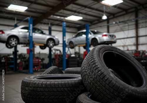 Used Car Tires Stacked in Auto Repair Shop; Industrial, Moody, Close-Up