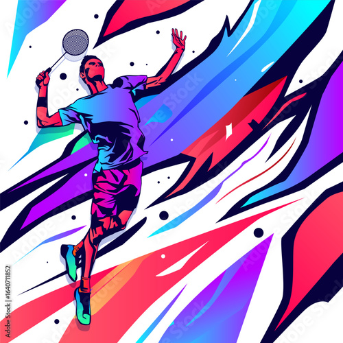 Colorful abstract vector of a badminton player in dynamic jump shot pose, modern vibrant style with pink and orange gradients, perfect for sports events, tournaments, fitness promotions, and posters.