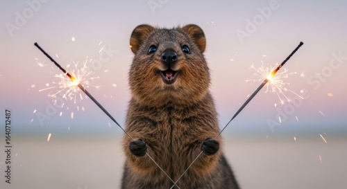 A joyous quokka celebrates with sparklers against a serene backdrop