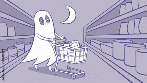A friendly cartoon ghost shops for groceries at night in a brightly lit supermarket aisle under a crescent moon