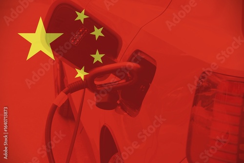 China flags with cars as background, concept of chinese car industry.