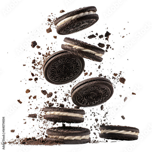 flying Oreo cookies with crumbs Isolated on white and transparent background.