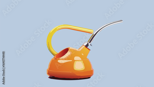 an orange oil can with a yellow handle and silver spout on a light blue background