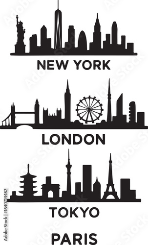 Stylish Black and White Skyline Collection: New York, London, Tokyo, Paris Cityscapes.