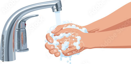 Illustration of hands being washed with soap under a running faucet tap