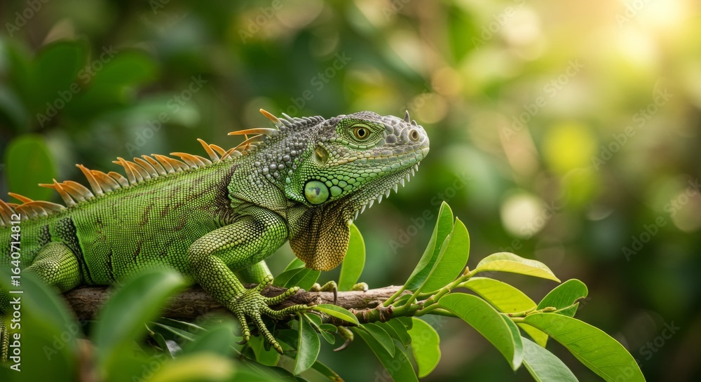Fototapeta premium A Vibrant Green Iguana Perched on a Branch Basking in Natural Sunlight