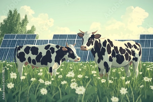 Sustainable energy and agriculture concept, with cows grazing alongside solar panels, symbolizing eco-friendly farming and renewable energy practices, Generative AI