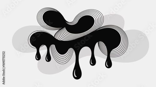 A black ink blot with dripping elements and concentric line details on a gray and white background art piece