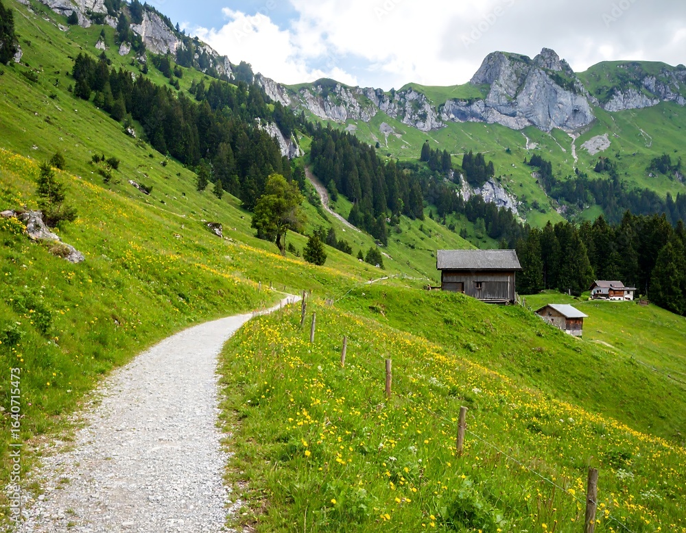 Fototapeta premium Mountain path through meadow