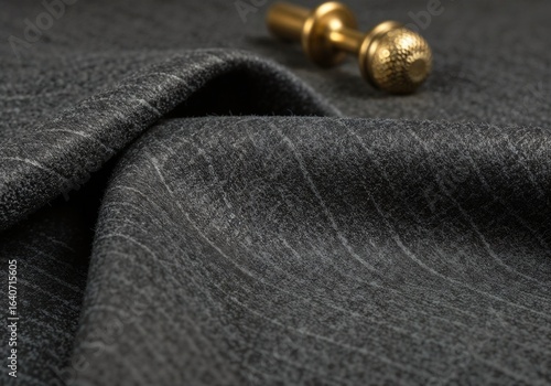 Dark Gray Textured Fabric Drape with Gold Accent; Luxurious, Sophisticated Textile Background