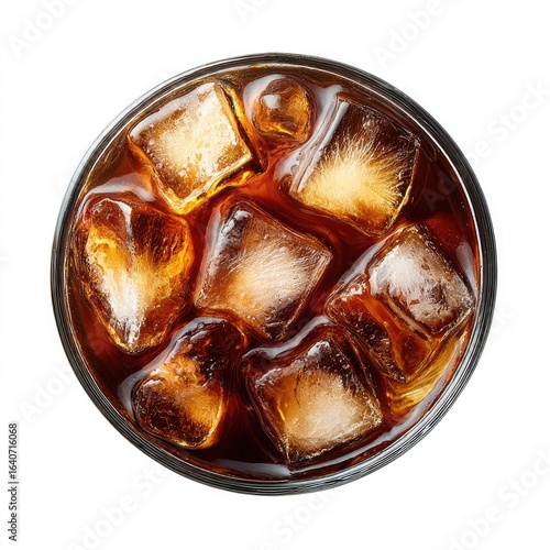 Overhead view of a round glass filled with a dark brown soda and ice cubes