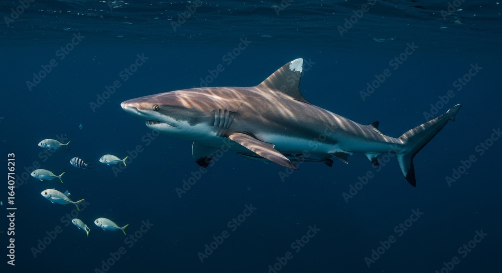 Fototapeta premium Magnificent silvertip shark glides underwater with school of small fish