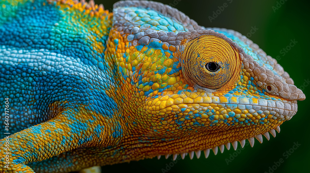Obraz premium Funny Chameleon Close-Up Animal Art Colorful Reptile Unique Eye Detail Macro Shot