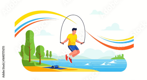 Active Lifestyle Man Jumping Rope at the Beach Outdoors on Summer Day