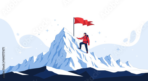 Achieving The Summit Climber Reaching Mountain Top With Red Flag Vector