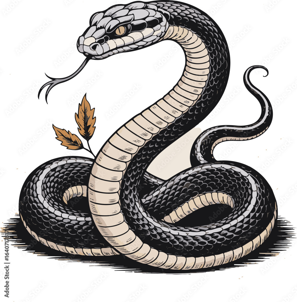 Obraz premium Intricate illustration of a coiled black snake with forked tongue
