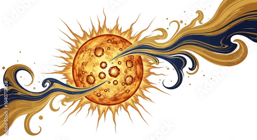 A captivating illustration of a sun-like celestial body with swirling golden currents enhances visual appeal
