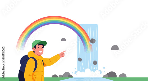 A cartoon traveler points to a rainbow emerging from a waterfall in nature