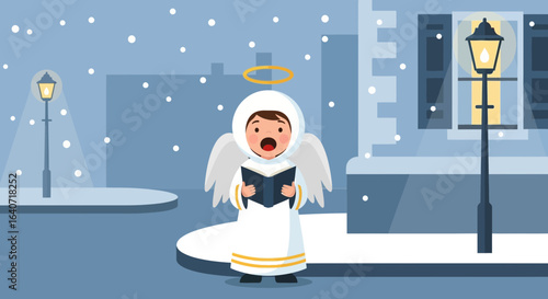 Adorable angel caroling in a snowy winter scene with lamplight and cityscape creating a charming holiday atmosphere
