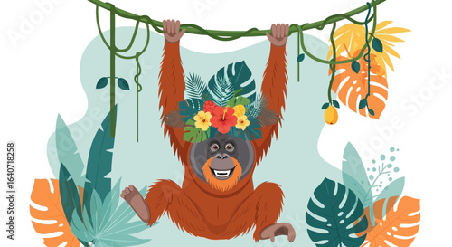 A charming orangutan hangs from a vine amidst lush jungle foliage and vibrant flowers with happy expression an illustration