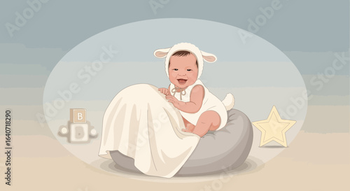Adorable baby dressed as a sheep sitting on a beanbag chair surrounded by toys in a playful scene