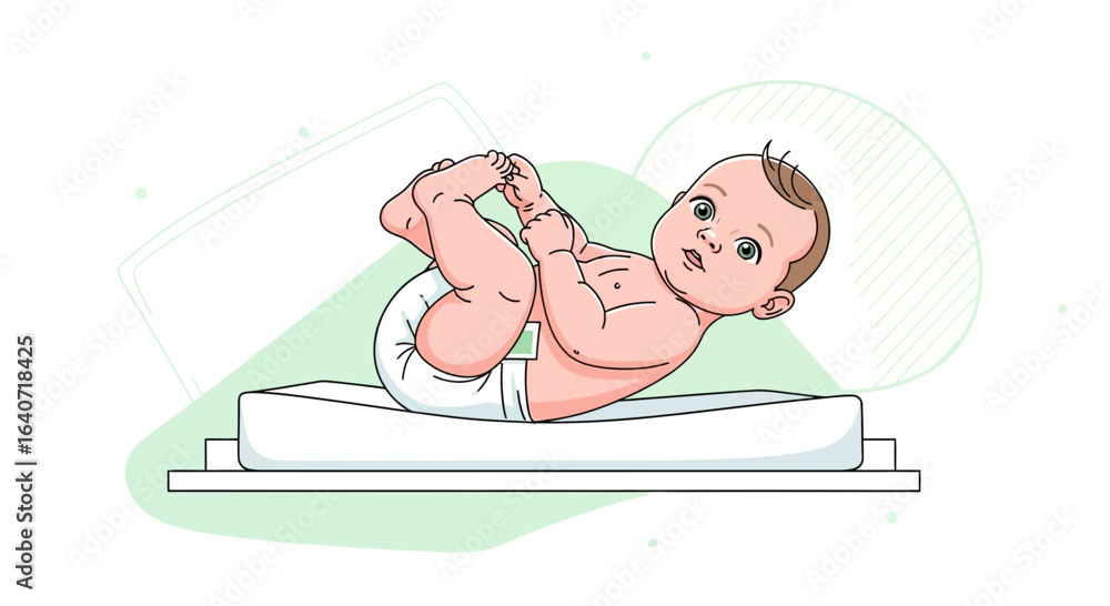 Obraz premium Adorable baby touching toes on changing table illustration with soft background
