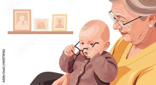 Adorable baby with glasses sitting on his grandmother's lap creating a heartwarming generational bond scene