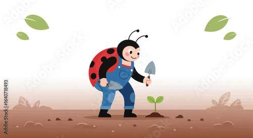 A cheerful ladybug character planting a small sprout in fertile soil illustration