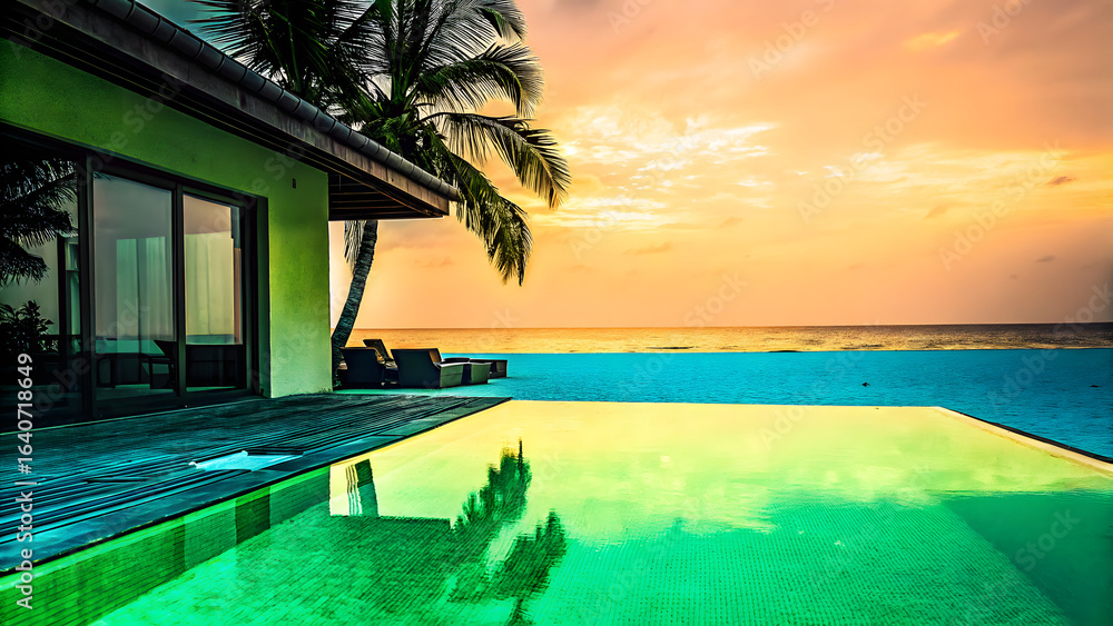 Fototapeta premium Luxury Modern Villa with Infinity Pool Overlooking Tropical Beach at Sunset