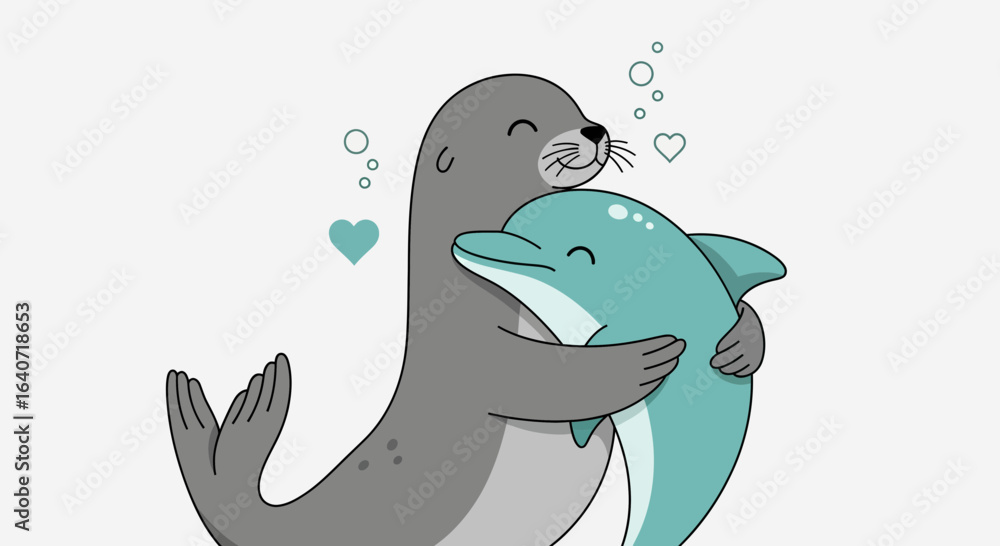 Obraz premium Adorable cartoon illustration of a gray seal hugging a light blue dolphin friend happily