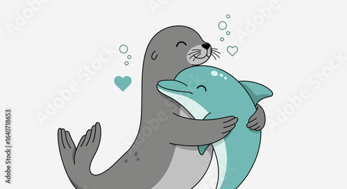Adorable cartoon illustration of a gray seal hugging a light blue dolphin friend happily