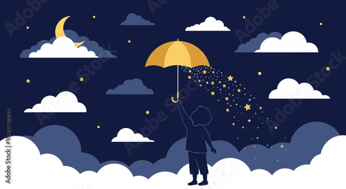 A child stands under an umbrella of stars in a dreamy nightscape illustration