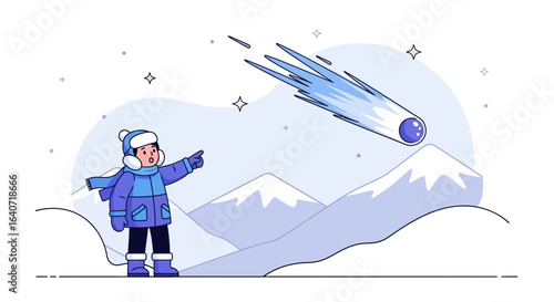 A Child's Winter Wonder: Witnessing a Comet's Descent Over Snow-Capped Mountains