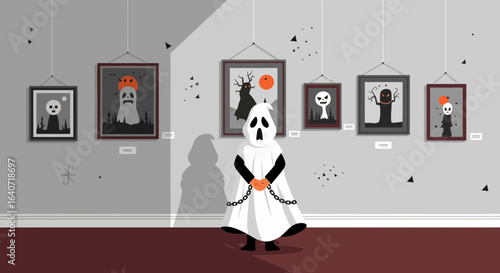 A chilling exhibition of ghostly portraits in a Halloween-themed art gallery setting