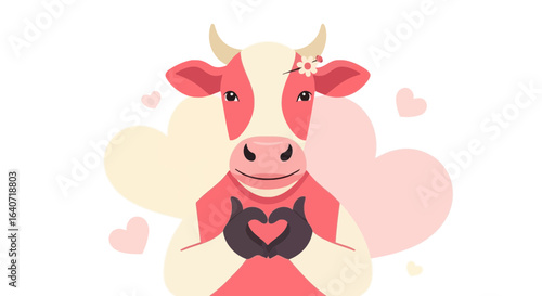 Adorable Cow Character Expressing Love Symbol With Hand Hearts Around Shapes