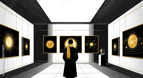 A contemplative visitor gazes at celestial artwork in a modern museum setting showcasing the beauty of space