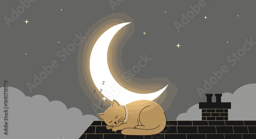A cozy cartoon scene of a sleeping cat on a rooftop bathed in moonlight creating a peaceful and serene atmosphere