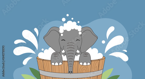Adorable elephant enjoying a bath in a wooden tub with soapy bubbles and water splashes