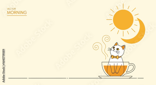 A cute white cat wearing a bow tie sits in a cup of tea on a calm morning