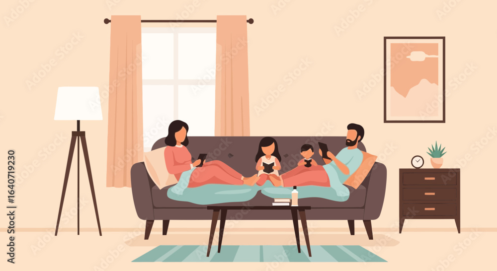 Fototapeta premium A family relaxing on the sofa in their living room enjoying books and mobile phones together in a modern lifestyle