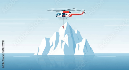 A dramatic vector illustration depicting a helicopter rescuing a climber from an iceberg in the ocean