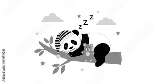 Adorable panda sleeping peacefully on a tree branch with teddy bear and nightcap