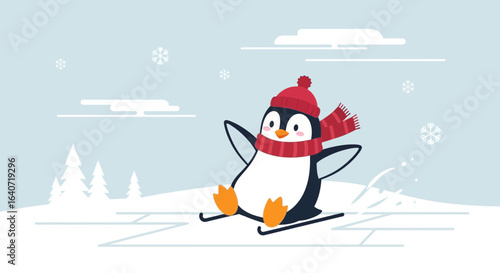 Adorable Penguin Character Having Fun Skiing In Winter Landscape Scene