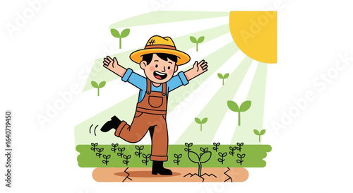 A happy farmer rejoices in the revitalized fields after the drought, symbolizing resilience